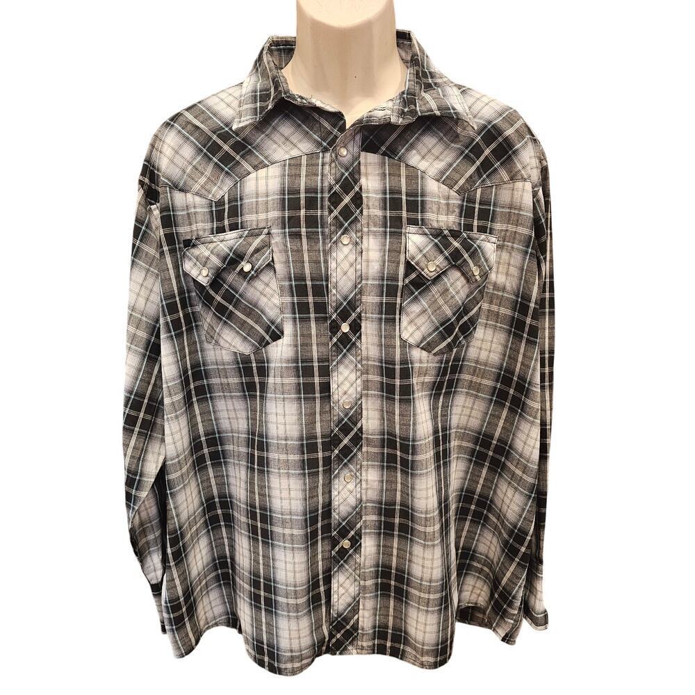 Wrangler western 2XL big long sleeve pearl snap blue plaid rodeo casual EUC